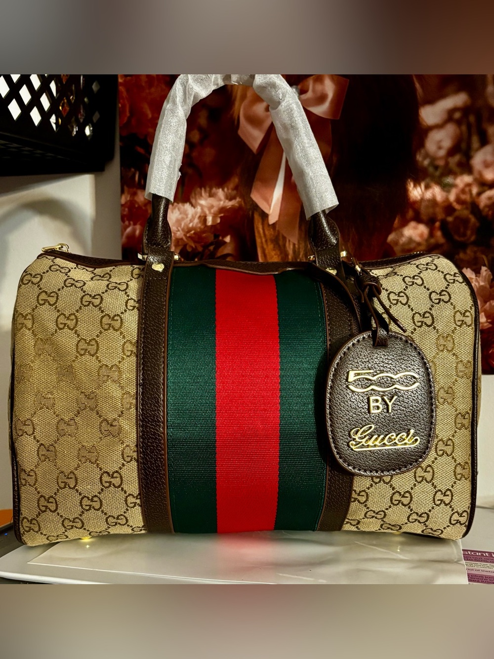 Gucci ( inspired)Beige Jean GG Supreme Canvas Travel Duffel with Green-Red Web